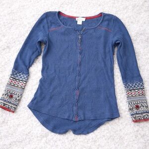 Sundance Blue Long Sleeve Henley with Patterned Cuffs